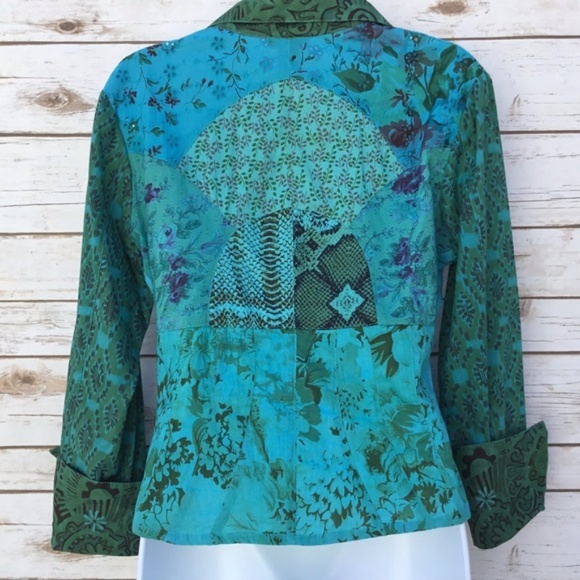 Green Blue Patchwork Floral Embroidered Blouse Top - Picture 4 of 8